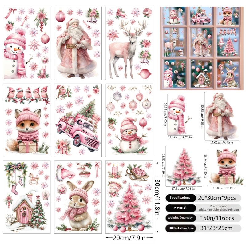 Rožinis kalėdinis lipdukas, dvipusis efektas, sniego senis, senas elnias, vakarėlis, dekoratyvinis vitrinos lipdukas, stiklinės durys, dekoratyvinis lango lipdukas