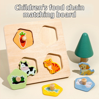 Kūrybingi vaikiški mediniai gyvūnų dėlionės žaislai kūdikiams, ankstyvojo ugdymo maisto grandinės pažintiniai dėlionės mokslo ir švietimo konstrukciniai blokeliai dėlionės lenta