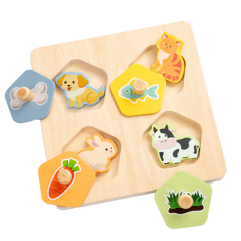 Kūrybingi vaikiški mediniai gyvūnų dėlionės žaislai kūdikiams, ankstyvojo ugdymo maisto grandinės pažintiniai dėlionės mokslo ir švietimo konstrukciniai blokeliai dėlionės lenta