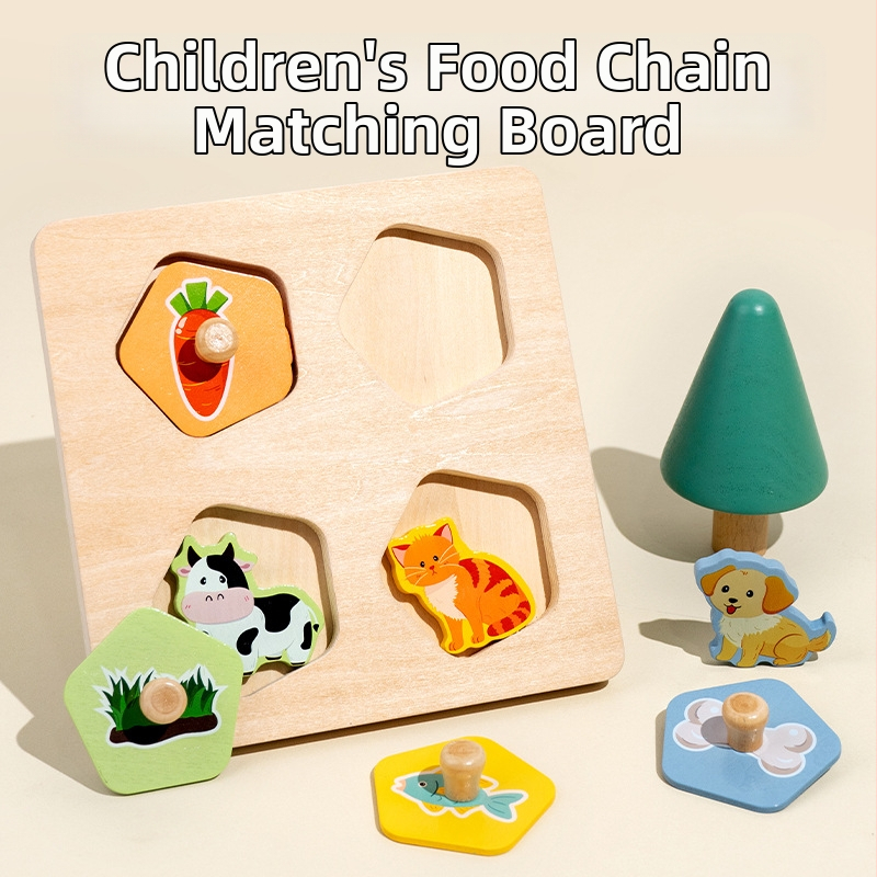 Kūrybingi vaikiški mediniai gyvūnų dėlionės žaislai kūdikiams, ankstyvojo ugdymo maisto grandinės pažintiniai dėlionės mokslo ir švietimo konstrukciniai blokeliai dėlionės lenta