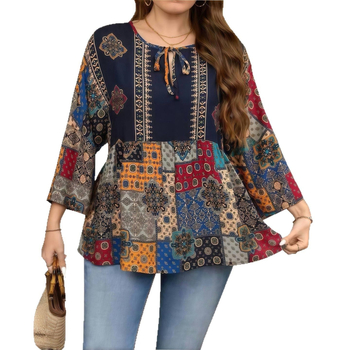 2025. aasta Euroopa ja Ameerika ekspordi Amazon Independent Station Supply etnilise stiili trükitud paeltega suurte naiste kolmeveerandvarrukatega T-särk