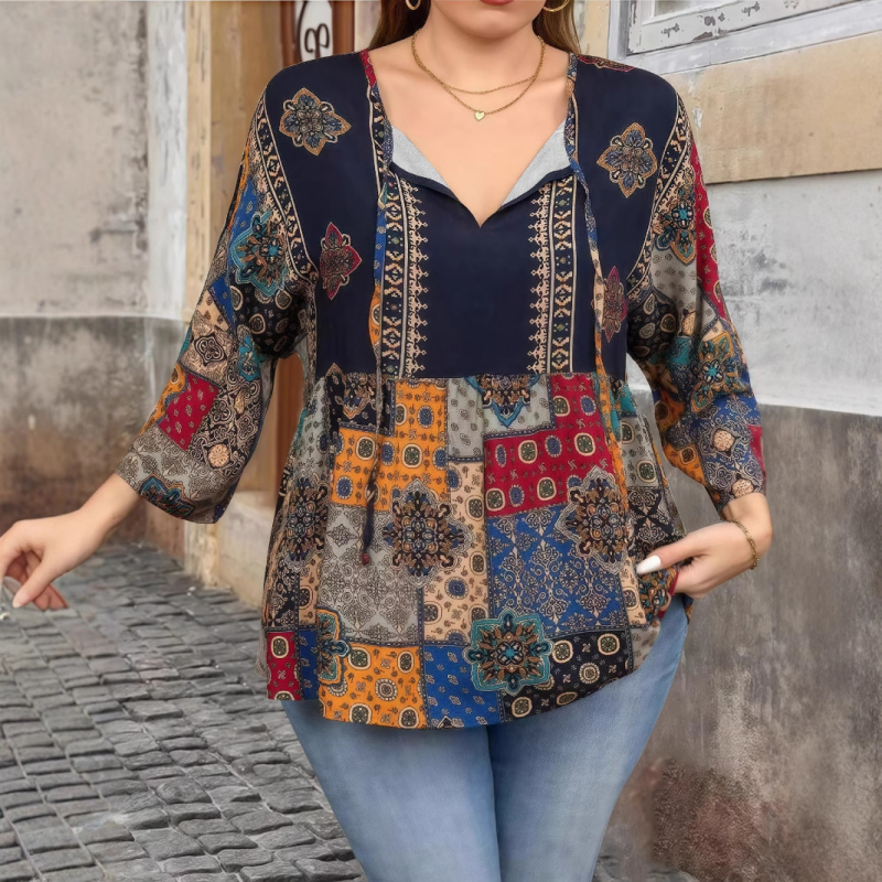 2025. aasta Euroopa ja Ameerika ekspordi Amazon Independent Station Supply etnilise stiili trükitud paeltega suurte naiste kolmeveerandvarrukatega T-särk