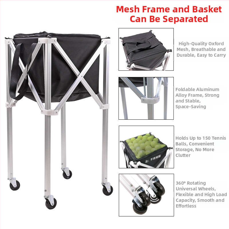Сгъваема тенис количка от алуминиева сплав, мобилна чанта за съхранение на рамка за бране на топки, преносима рамка за бране на топки с голям капацитет