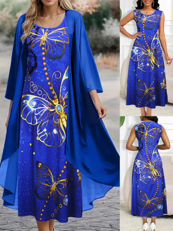 Piiriülene Amazonase Euroopa ja Ameerika moe elegantne ümara kaelusega pluss-suuruses kleit varrukateta kaheosalise komplektiga, millel on pealmine salliga kleit