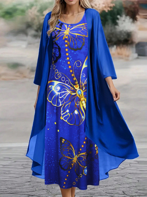 Piiriülene Amazonase Euroopa ja Ameerika moe elegantne ümara kaelusega pluss-suuruses kleit varrukateta kaheosalise komplektiga, millel on pealmine salliga kleit