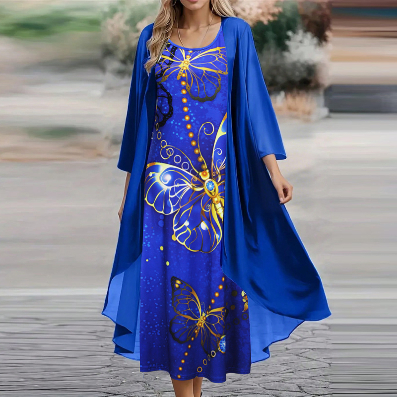 Piiriülene Amazonase Euroopa ja Ameerika moe elegantne ümara kaelusega pluss-suuruses kleit varrukateta kaheosalise komplektiga, millel on pealmine salliga kleit