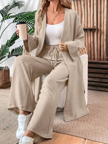 Ευρωπαϊκά και Αμερικανικά Casual Κοστούμια Άνοιξη και Φθινόπωρο Νέα Ριχτά Μακριά Ζακέτα Μπλούζες Παντελόνι με Φαρδιά Στήθος Σετ Δύο Τεμαχίων