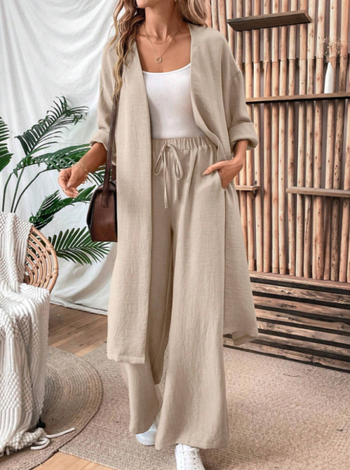 Ευρωπαϊκά και Αμερικανικά Casual Κοστούμια Άνοιξη και Φθινόπωρο Νέα Ριχτά Μακριά Ζακέτα Μπλούζες Παντελόνι με Φαρδιά Στήθος Σετ Δύο Τεμαχίων