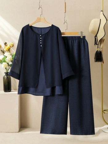 Amazon Cross-Border 2025 tavaszi és nyári egyszínű rövid ujjú lezser bő nadrág női külkereskedelmi kétrészes szett gombos illesztéssel