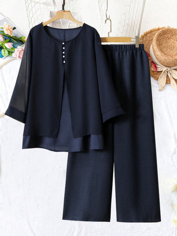 Amazon Cross-Border 2025 Άνοιξη και Καλοκαίρι Μονόχρωμο Παντελόνι με Κοντά Μανίκια, Casual, Χαλαρό, Γυναικείο Σετ Δύο Τεμαχίων Εξωτερικού Εμπορίου με Κουμπώματα