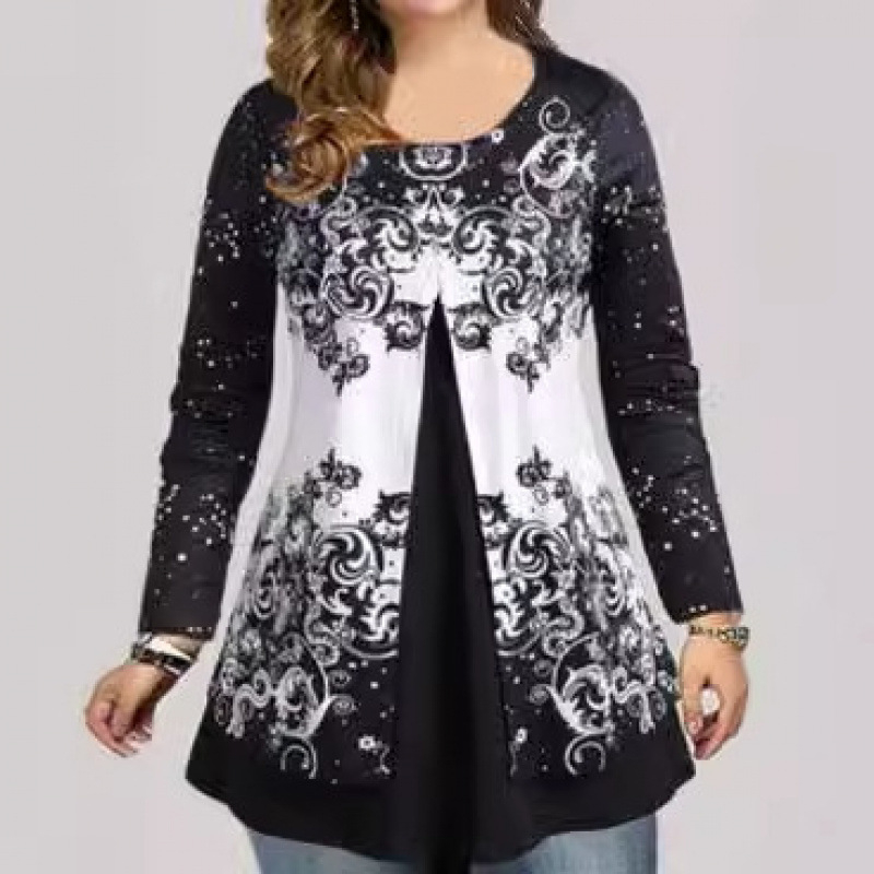 Amazon AliExpress Külkereskedelmi Plus Size Női Pulóver, Középhosszú, Mintás, Hosszú Ujjú, Laza Póló