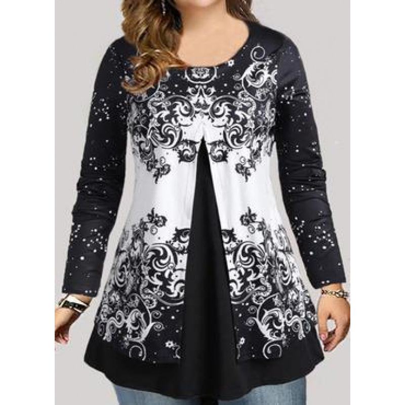 Amazon AliExpressi väliskaubanduse pluss-suuruses naiste crewneck-kaelusega keskmise pikkusega trükitud pikkade varrukatega pullover-top lahtine T-särk