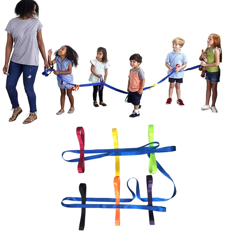 Vaikų saugos virvė darželio mokyklai, apsauganti nuo pametimo nailono traukos virvė, ikimokyklinio amžiaus vaikų eilė, spalvinga virvė