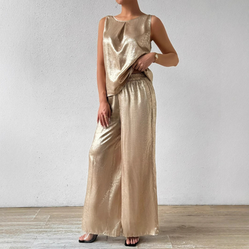 Μοντέρνο Ευρωπαϊκό και Αμερικανικό Γιλέκο με Υφή Οξικού Οξέος για το Καλοκαίρι 2025, Γυναικείο Ψηλόμεσο Παντελόνι με Ντραπέ Φαρδιά Πόδια, Σετ Δύο Τεμαχίων