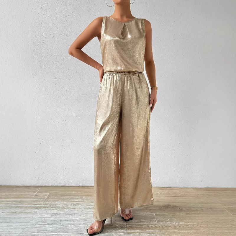 Divatos európai és amerikai 2025-ös nyári ecetsav textúrájú ujjatlan mellény, magas derekú, drapézott, széles szárú női nadrág, kétrészes szett