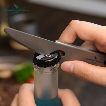 „Biwei“ gryno titano lauko stalo reikmenys, nešiojamas šaukštas, stovyklavimo šakutė, stovyklavimo stalo peilis, butelių atidarytuvas, 4 viename šaukštų laikymas