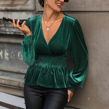 Amazon Export V-kaelusega vöökohaga särk 2025 sügis ja talv uus Euroopa ja Ameerika piiriülene pikkade varrukatega sametist topp