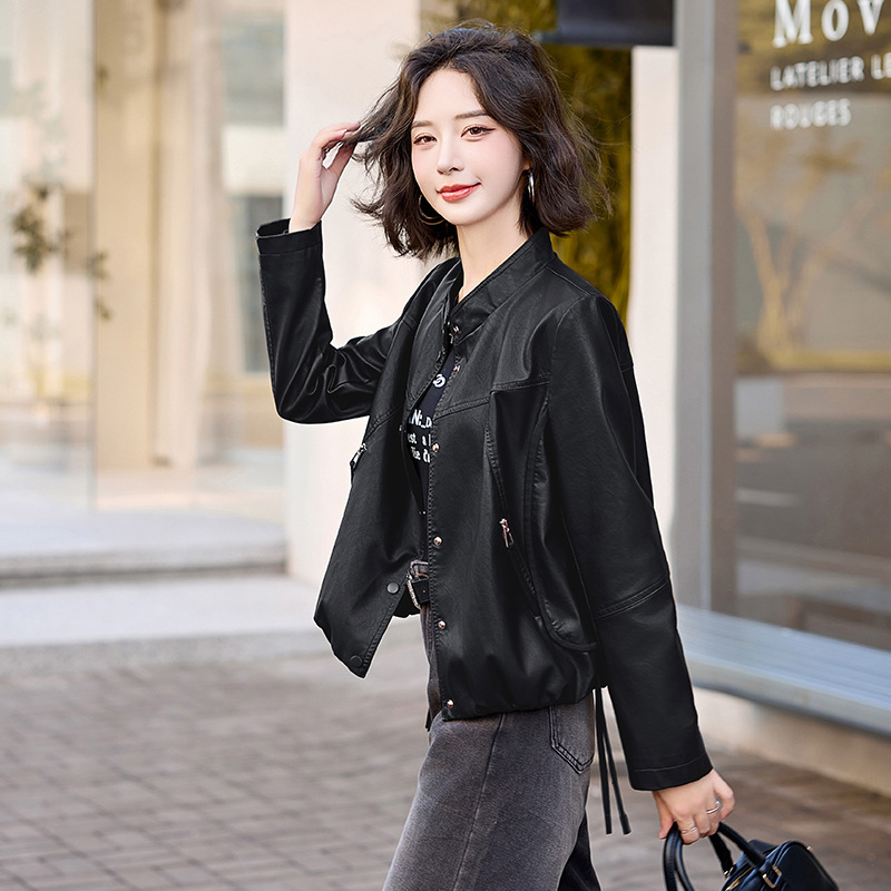 Naiste 2024. aasta sügisene PU-nahast mantel, uus saabumine, moekas, stiilne, lühike, vabaaja, universaalne mootorrattajakk