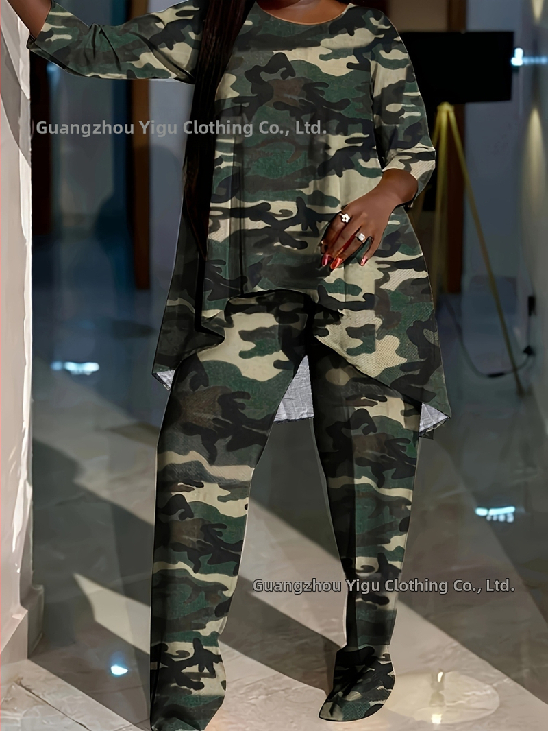 Дамски комплект от две части, ежедневен костюм за жени с големи размери, къс отпред и дълъг отзад, асиметричен топ с кръгло деколте и широки панталони