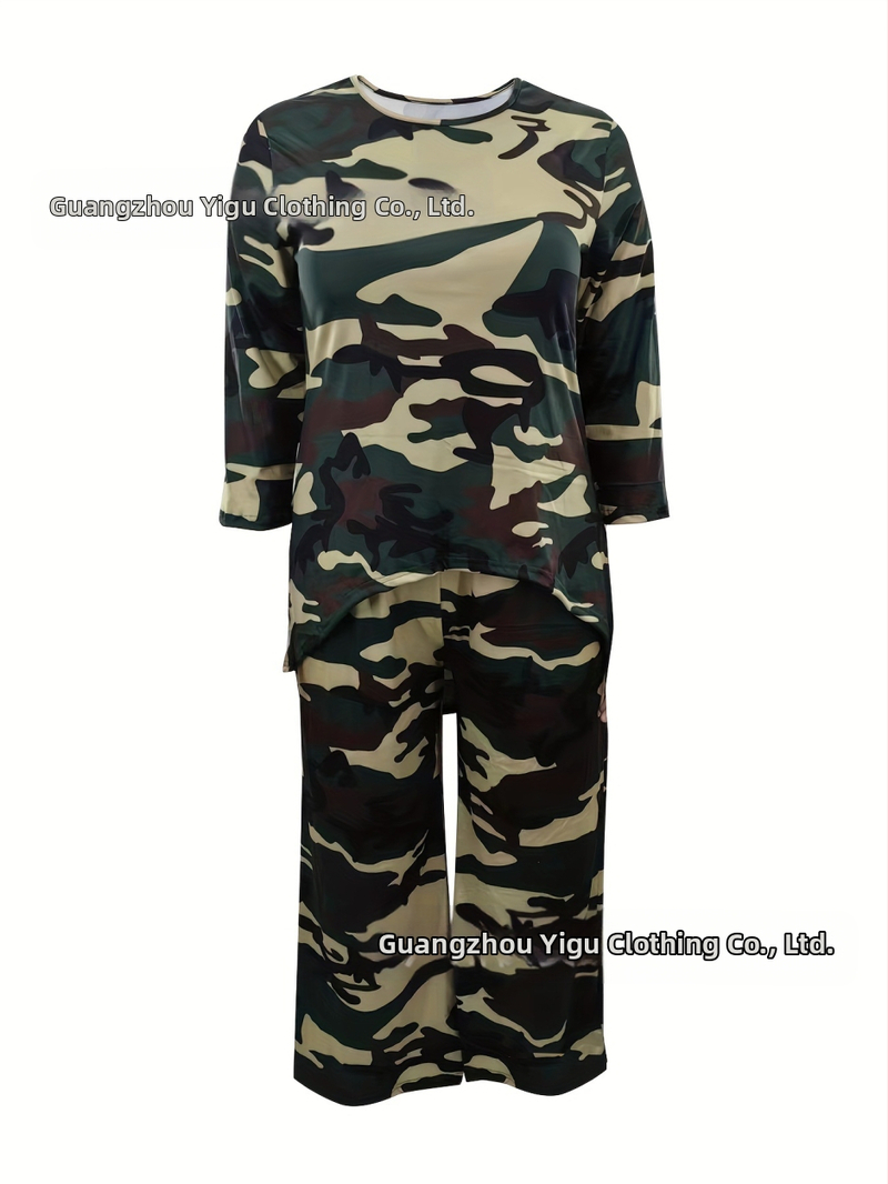 Дамски комплект от две части, ежедневен костюм за жени с големи размери, къс отпред и дълъг отзад, асиметричен топ с кръгло деколте и широки панталони