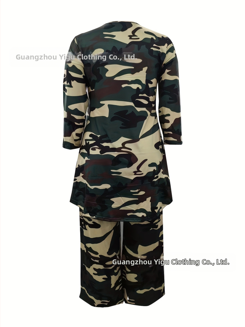 Дамски комплект от две части, ежедневен костюм за жени с големи размери, къс отпред и дълъг отзад, асиметричен топ с кръгло деколте и широки панталони