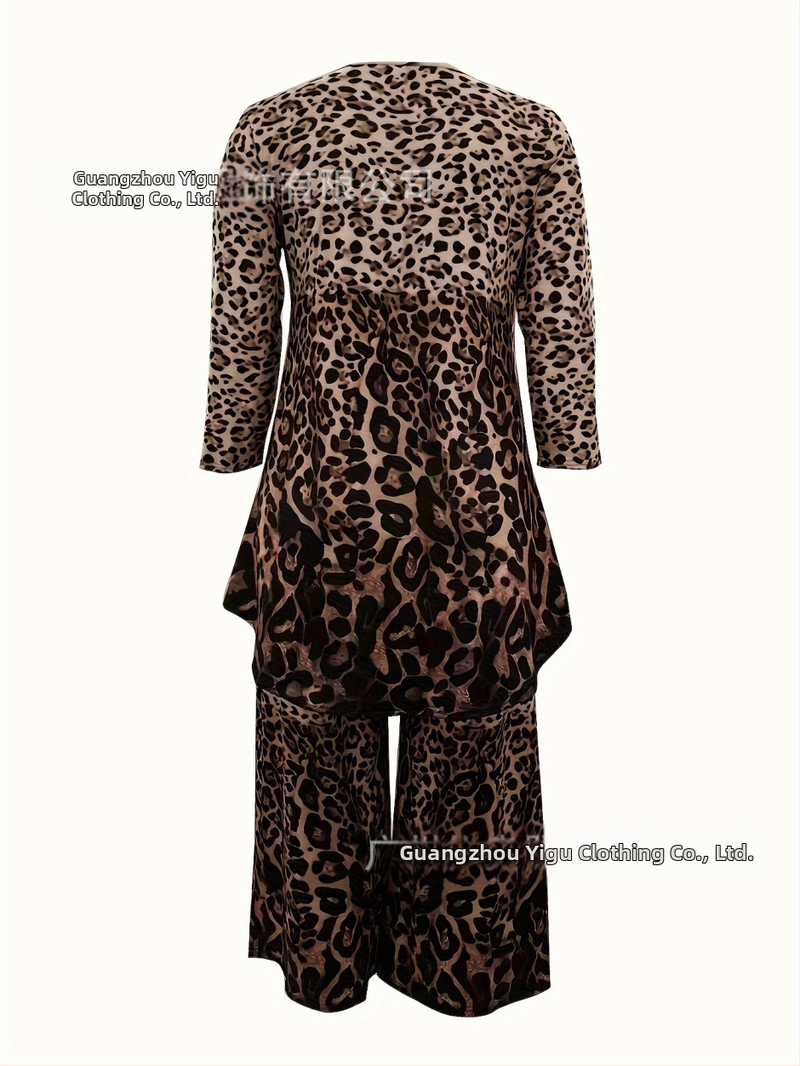 Дамски комплект от две части, ежедневен костюм за жени с големи размери, къс отпред и дълъг отзад, асиметричен топ с кръгло деколте и широки панталони