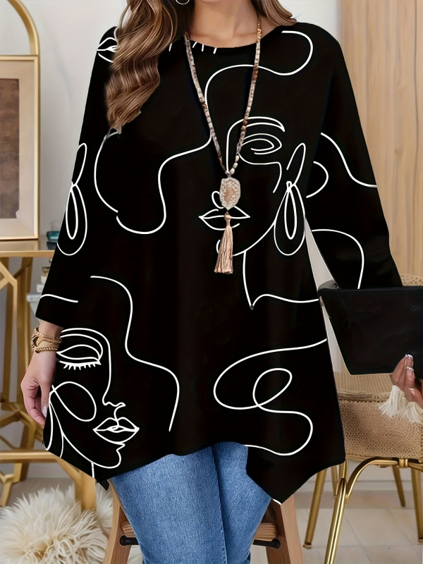 2025. gada pārrobežu Eiropas un Amerikas apģērbs Amazon apdrukāts ikdienas apaļa kakla garām piedurknēm ārējās tirdzniecības modes plus izmēra topi