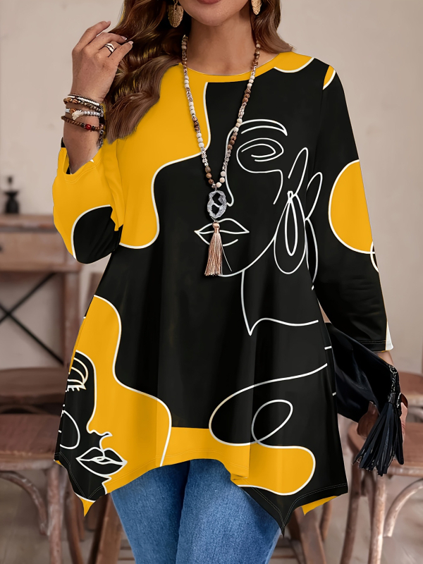 2025. gada pārrobežu Eiropas un Amerikas apģērbs Amazon apdrukāts ikdienas apaļa kakla garām piedurknēm ārējās tirdzniecības modes plus izmēra topi