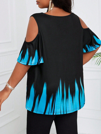 2025. aasta suvine piiriülene pluss-suuruses naisterõivaste tarnimine. 3D-digitaalse gradienttrükiga lühikeste varrukatega, ümara kaelusega, õlgadeta T-särk.
