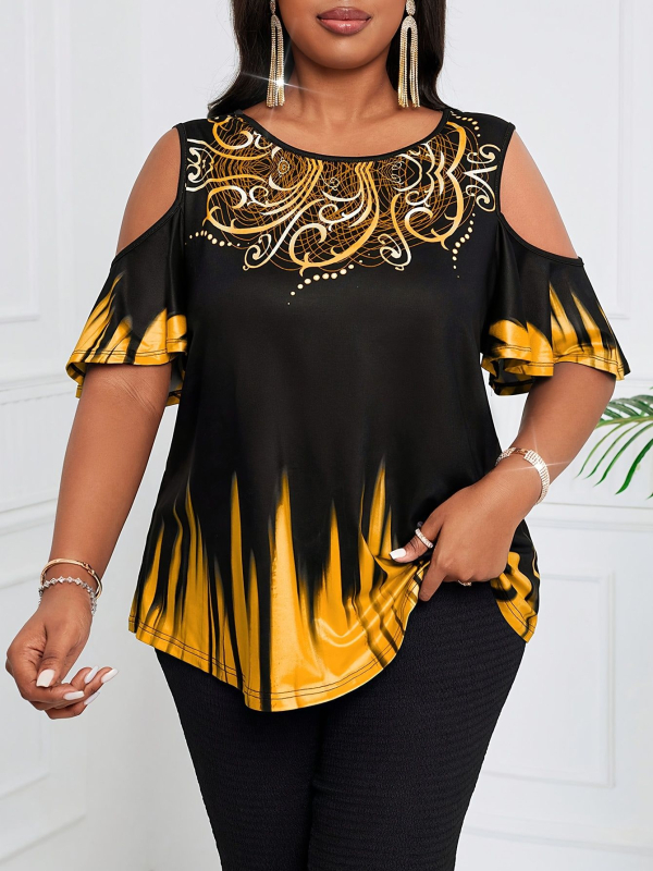 2025. aasta suvine piiriülene pluss-suuruses naisterõivaste tarnimine. 3D-digitaalse gradienttrükiga lühikeste varrukatega, ümara kaelusega, õlgadeta T-särk.