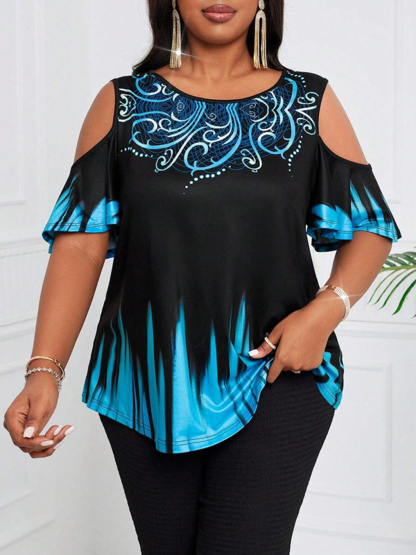 2025. aasta suvine piiriülene pluss-suuruses naisterõivaste tarnimine. 3D-digitaalse gradienttrükiga lühikeste varrukatega, ümara kaelusega, õlgadeta T-särk.