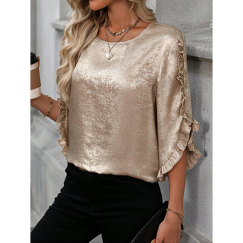 Amazoni Euroopa ja Ameerika piiriülene eksport 2025. aasta suvine lahtine vabaaja ümara kaelusega puhta värvi lootoslehe varrukatega pluus naistele lihtsas stiilis