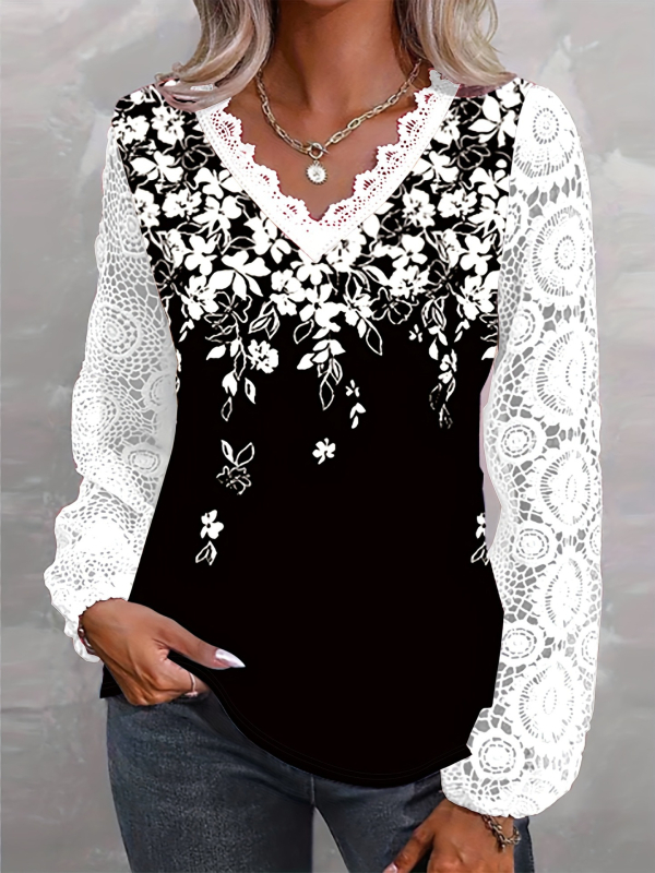 Wish AliExpress Temu 2024 Φθινόπωρο Νέο Γυναικείο T-Shirt με Δαντέλα και Μακρυμάνικο, Νέο Casual Στυλ