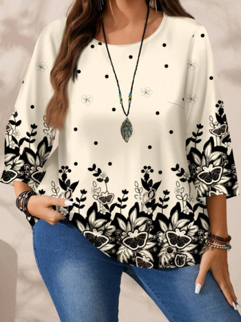 Piiriülesed Euroopa ja Ameerika Amazoni uued sügisesed pluss-suuruses naiste moepliidid, trükitud lahtised ümara kaelusega, kolmveerandvarrukatega naiste topid