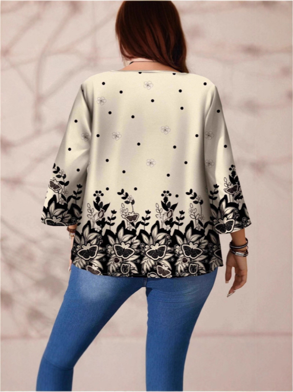 Piiriülesed Euroopa ja Ameerika Amazoni uued sügisesed pluss-suuruses naiste moepliidid, trükitud lahtised ümara kaelusega, kolmveerandvarrukatega naiste topid