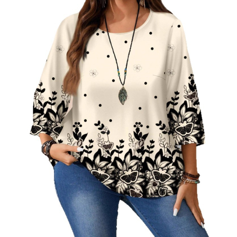 Piiriülesed Euroopa ja Ameerika Amazoni uued sügisesed pluss-suuruses naiste moepliidid, trükitud lahtised ümara kaelusega, kolmveerandvarrukatega naiste topid