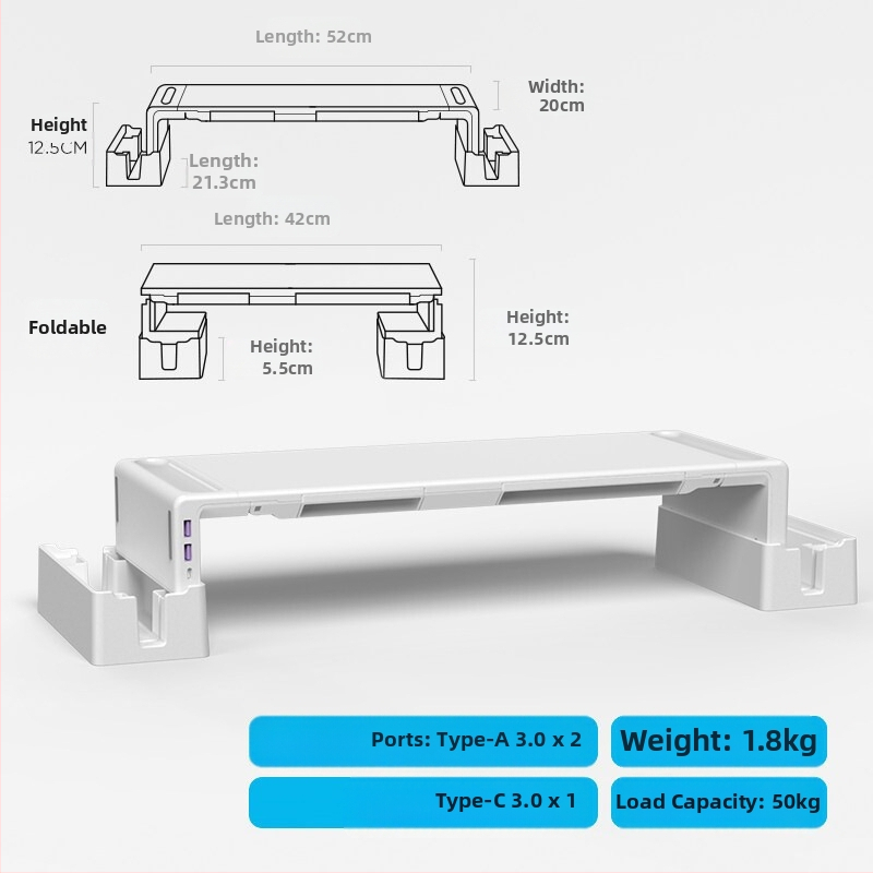 Oimaster Monitor Ανυψωμένη επέκταση USB Πτυσσόμενος υπολογιστής, επιτραπέζιος χώρος αποθήκευσης, ανυψωμένη βάση στήριξης