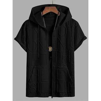 Δημοφιλές ανδρικό κοντομάνικο μπλουζάκι με κουκούλα και στάμπα γράμματα, σε στυλ ζακάρ, σε διασυνοριακό στιλ, για άνδρες, σε ευρωπαϊκό και αμερικανικό στιλ