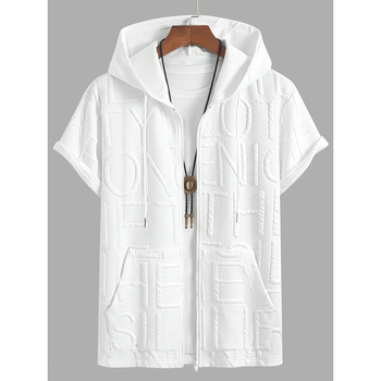 Δημοφιλές ανδρικό κοντομάνικο μπλουζάκι με κουκούλα και στάμπα γράμματα, σε στυλ ζακάρ, σε διασυνοριακό στιλ, για άνδρες, σε ευρωπαϊκό και αμερικανικό στιλ