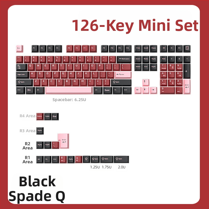 Krytka kláves Cloud Lake Spades Q Macaron, trojfarebná, malá, kompletná sada 126 klávesov, PBT materiál, dvojfarebné vstrekovanie, odolné voči opotrebovaniu a trvácne