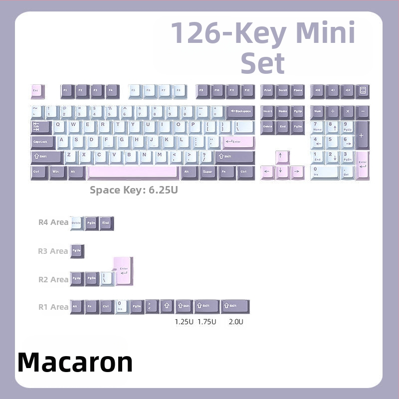 Cloud Lake'i labidaga Q Macaron kolmevärviline võtmekate, väike, täiskomplekt 126 võtit, PBT materjalist, kahevärviline sissepritse, kulumiskindel ja vastupidav