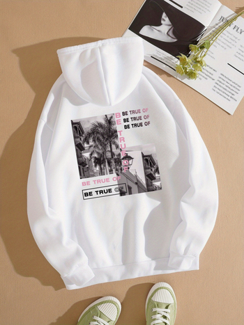 Piiriülese Euroopa ja Ameerika mustriga trükitud kotiga kapuutsiga dressipluus