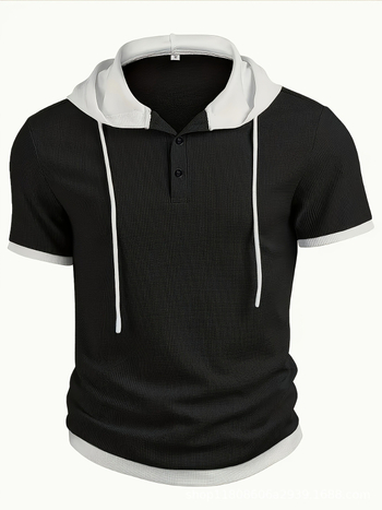 Haoyue Yishuang Casual Κοντομάνικο Πουκάμισο Henley με Κουκούλα - Υφασμάτινο Πλεκτό Waffle Knit σε Αντίθεση Χρωμάτων, Αναπνέον, Κανονική Γραμμή