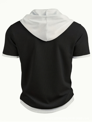 Haoyue Yishuang Casual Κοντομάνικο Πουκάμισο Henley με Κουκούλα - Υφασμάτινο Πλεκτό Waffle Knit σε Αντίθεση Χρωμάτων, Αναπνέον, Κανονική Γραμμή