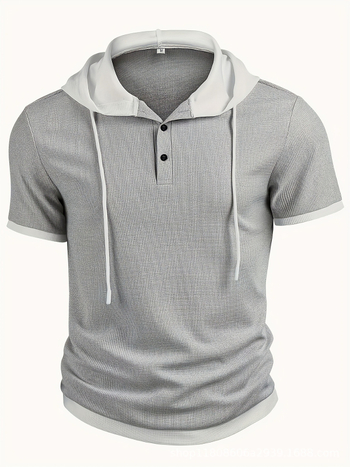 Haoyue Yishuang Casual Κοντομάνικο Πουκάμισο Henley με Κουκούλα - Υφασμάτινο Πλεκτό Waffle Knit σε Αντίθεση Χρωμάτων, Αναπνέον, Κανονική Γραμμή