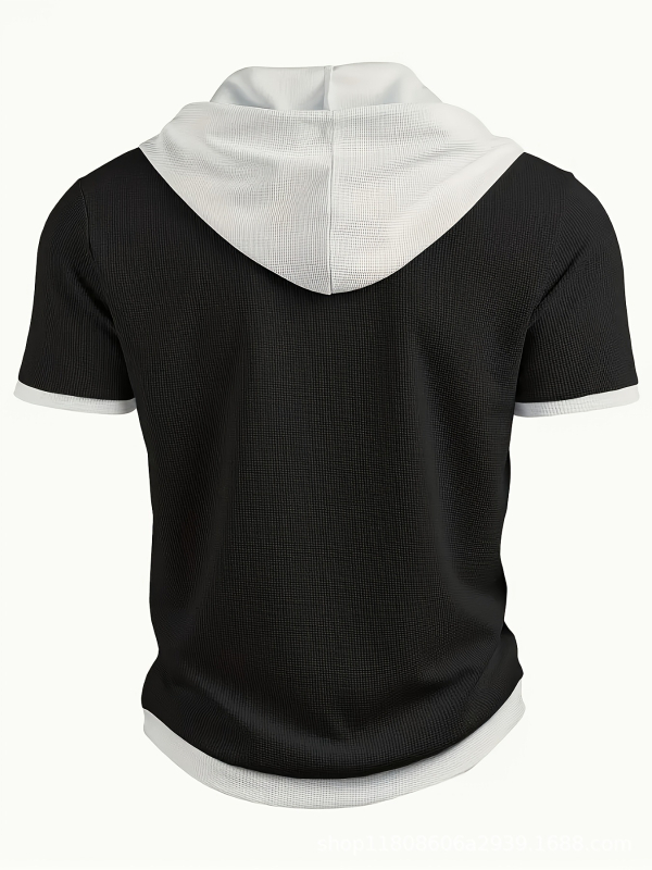 Haoyue Yishuang lezser rövid ujjú, kapucnis Henley ing - texturált, gofrimintás, kontrasztos színű dizájn, lélegző, normál szabású