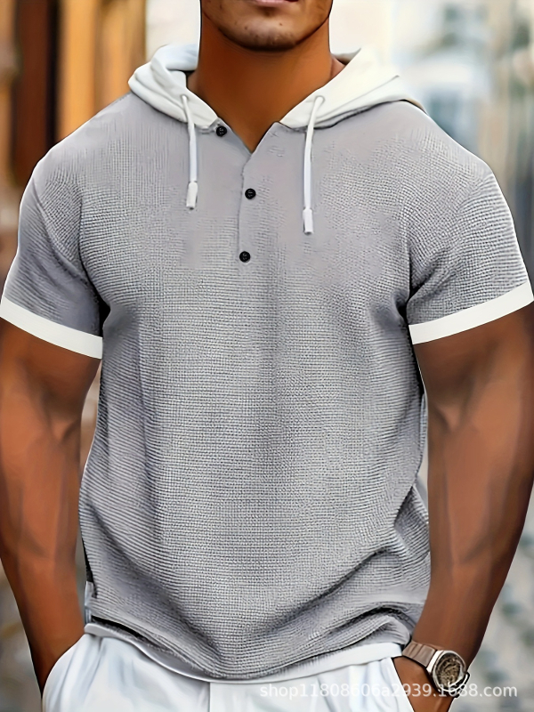 Haoyue Yishuang lezser rövid ujjú, kapucnis Henley ing - texturált, gofrimintás, kontrasztos színű dizájn, lélegző, normál szabású