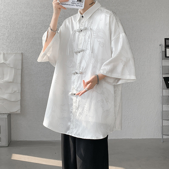 Мъжка риза XL-M, екстра голям размер, ново сатенено яке с китайски дракон и феникс и пет ръкава, ацетат