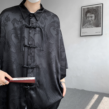 Мъжка риза XL-M, екстра голям размер, ново сатенено яке с китайски дракон и феникс и пет ръкава, ацетат