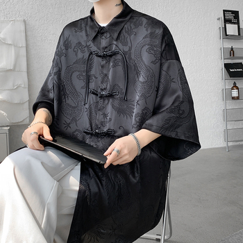 Мъжка риза XL-M, екстра голям размер, ново сатенено яке с китайски дракон и феникс и пет ръкава, ацетат